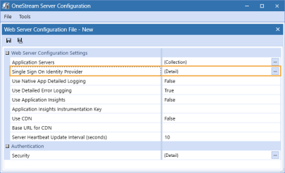 The Web Server Configuration dialog box has a grid with row headings that have a blue background with blue text and can be expanded to display fields with a white background and black text. In this example, in the Web Server Configuration Settings section, Single Sign On Identity Provider is highlighted.